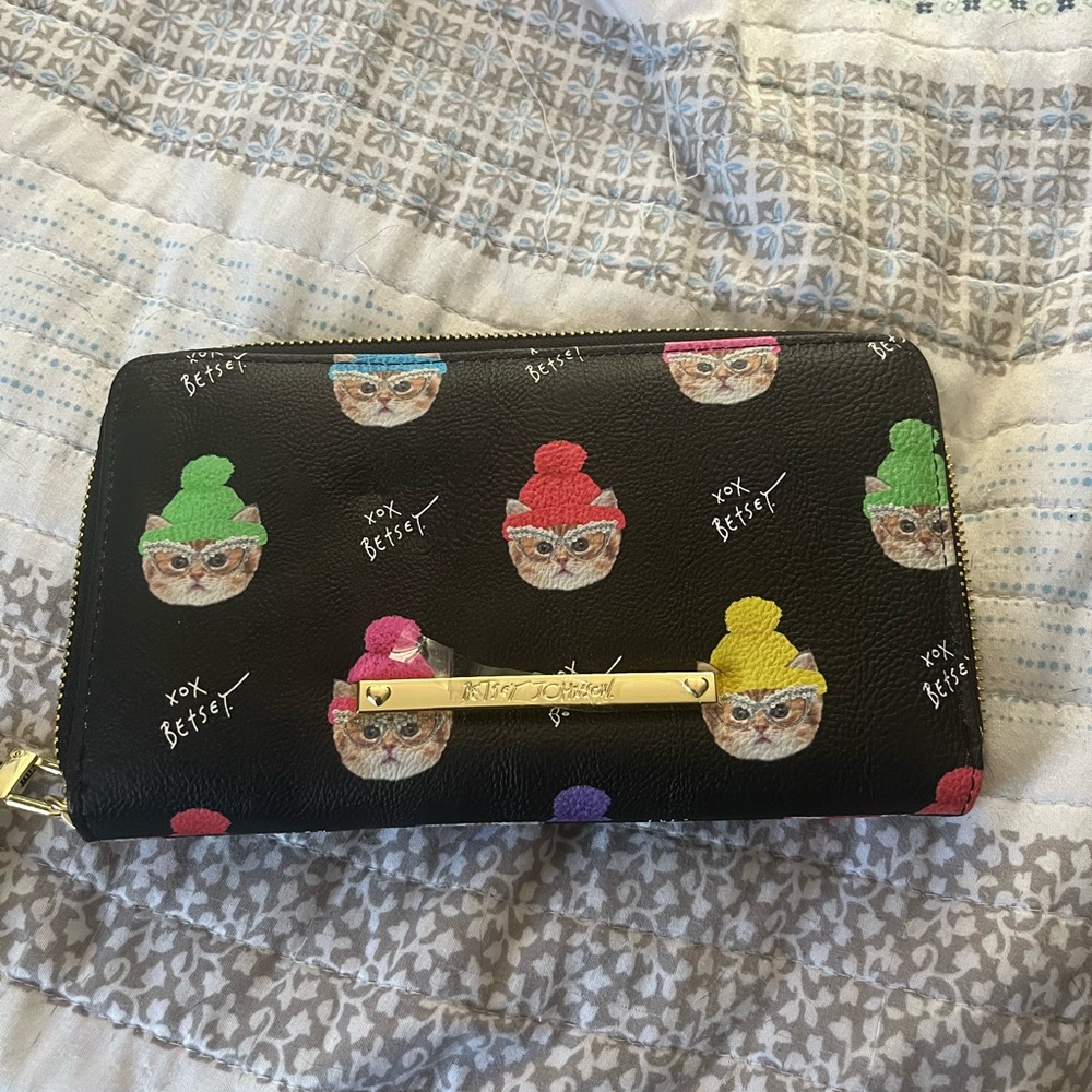 Betsey Johnson Black Wallet with Colorful Cat Design